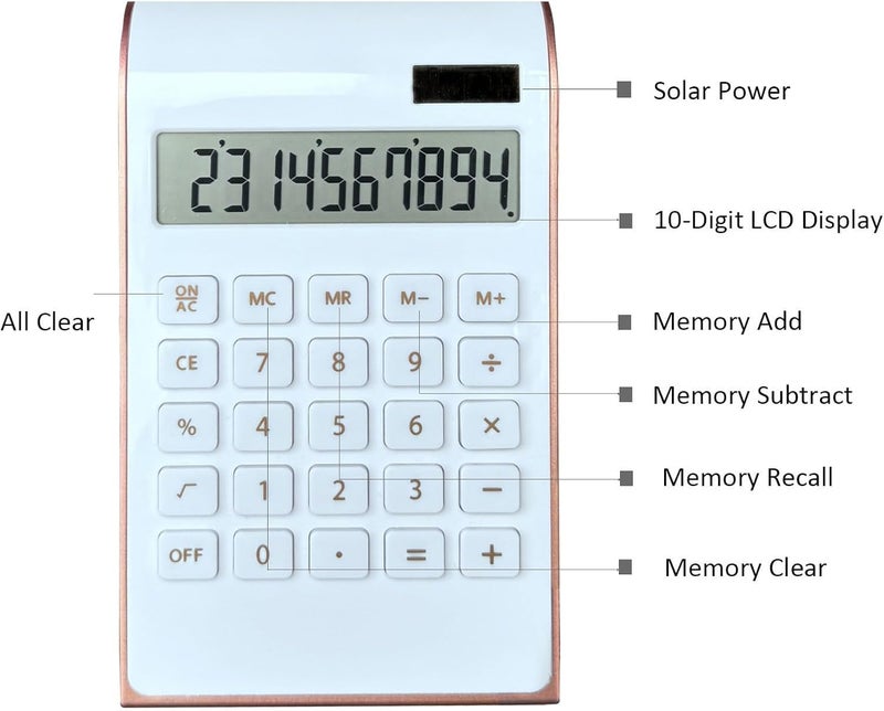 Benkaim Solar Gold Calculator Standard Function Desktop Calculator LCD 10-Digit Desktop Calculator for Office, Home (Rosegold) - Image 2